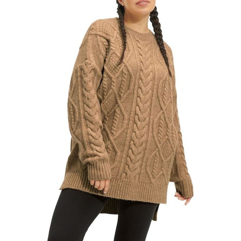 UGG Women's Raelee Cable Knit Sweater Wool Blend Oversized Crewneck Tan Medium